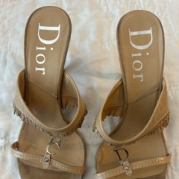 Christian Dior Tan Leather Heeled Sandals with Silver Charm – Size 37.5 - Picture 1 of 3